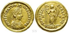 Roman Imperial Coins JUSTA GRATA HONORIA (Augusta, 426-450). GOLD Solidus. Ravenna. Obv: D N IVST GRAT HONORIA P F AVG. Diademed and draped bust right, wearing earring and necklace; being crowned by m