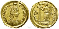 Roman Imperial Coins GALLA PLACIDIA (Augusta, 421-450). GOLD Solidus. Ravenna. Obv: D N GALLA PLACIDIA P F AVG. Diademed and draped bust right, wearing earring and double pearl-necklace, crowned by Ma