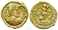 Roman Imperial Coins JOHANNES (Usurper, 423-425). GOLD Tremissis. Ravenna. Obv: D N IOHANNES P F AVG. Rosette-diademed, draped and cuirassed bust right. Rev: VICTORIA AVGVSTORVM / R - V / COMOB. Victo