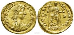 Roman Imperial Coins VALENTINIAN III (425-455). GOLD Solidus. Ravenna. Obv: D N PLA VALENTINIANVS P F AVG. Rosette-diademed, draped and cuirassed bust right. Rev: VICTORIA AVGGG / R - V / COMOB. Valen