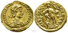 Roman Imperial Coins VALENTINIAN III (425-455). GOLD Solidus. Mediolanum. Obv: D N PLA VALENTINIANVS P F AVG. Rosette-diademed, draped and cuirassed bust right. Rev: VICTORIA AVGGG / M - D / COMOB. Va