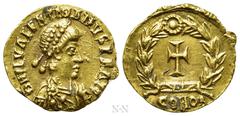 Roman Imperial Coins VALENTINIAN III (425-455). GOLD Tremissis. Mediolanum. Obv: DN PL VALENTINANVS (sic!) P F AVG. Pearl-diademed, draped and cuirassed bust right. Rev: COMOB. Cross within wreath. RI