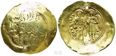 Byzantine Coins ISAAC II ANGELUS (First reign, 1185-1195). GOLD Hyperpyron. Constantinople. Obv: MHP - ΘV. The Virgin Mary seated facing on throne, holding head of Christ on breast. Rev: ICAAKIOC ΔЄC 