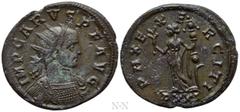 Roman Imperial Coins CARUS (282-283). Antoninianus. Ticinum. Obv: IMP CARVS P F AVG. Radiate and cuirassed bust right. Rev: PAX EXERCITI / PXXI. Pax standing left, holding branch and signum. RIC 75. C