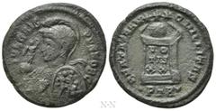 Roman Imperial Coins CRISPUS (Caesar, 316-326). Follis. Treveri. Obv: IVL CRISPVS NOB C. Bust left wearing crested helmet and cuirass decorated with gorgoneion, holding crowning Victory on globe and s