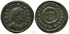Roman Imperial Coins CRISPUS (Caesar, 316-326). Follis. Ticinum. Obv: CRISPVS NOB CAES. Laureate and cuirassed bust right. Rev: DOMINOR NOSTROR CAESS / TT. VOT X within wreath. RIC 156. Condition: Ext