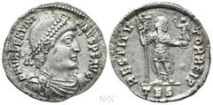 Roman Imperial Coins VALENTINIAN I (364-375). Siliqua. Thessalonica. Obv: D N VALENTINIANVS P F AVG. Pearl-diademed, draped and cuirassed bust right. Rev: RESTITVTOR REI P / TES. Valentinian standing 