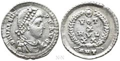 Roman Imperial Coins VALENS (364-378). Siliqua. Antioch. Obv: D N VALENS P F AVG. Pearl-diademed, draped and cuirassed bust right. Rev: VOT / X / MVL / XX / ANT. Legend in four lines within wreath. RI