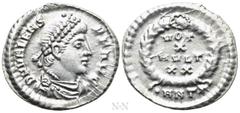 Roman Imperial Coins VALENS (364-378). Siliqua. Antioch. Obv: D N VALENS P F AVG. Pearl-diademed, draped and cuirassed bust right. Rev: VOT / X / MVLT / XX / •ANT (star). Legend in four lines within w