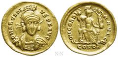 Roman Imperial Coins ARCADIUS (383-408). GOLD Solidus. Constantinople. Obv: D N ARCADIVS P F AVG. Helmeted and cuirassed bust facing slightly right, holding spear and shield decorated with horseman mo