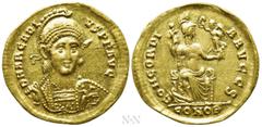 Roman Imperial Coins ARCADIUS (383-408). GOLD Solidus. Constantinople. Obv: D N ARCADIVS P F AVG. Helmeted and cuirassed bust facing slightly right, holding spear and shield decorated with horseman mo