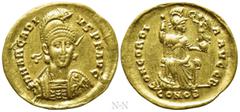 Roman Imperial Coins ARCADIUS (383-408). GOLD Solidus. Constantinople. Obv: D N ARCADIVS P F AVG. Helmeted and cuirassed bust facing slightly right, holding spear and shield decorated with horseman mo