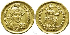 Roman Imperial Coins HONORIUS (393-423). GOLD Solidus. Constantinople. Obv: D N HONORIVS P F AVG. Diademed, helmeted and cuirassed bust facing slightly right, holding spear and shield decorated with h
