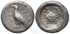 Greek Coins SICILY. Akragas. Didrachm (Circa 485-480/78 BC). Obv: AKRA - CAS. Sea eagle standing left. Rev: Crab, with carapace in the form of a human face, within incuse circle. Westermark 164 (O68/R