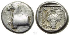 Greek Coins THRACE. Maroneia. Triobol (Circa 377-365 BC). Obv: M - H - T. Forepart of horse left. Rev: M - A. Grape bunch on vine; all within pelleted linear square. SNG Copenhagen 616; HGC 3.2, 1534.