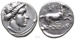 Greek Coins THESSALY. Larissa. Drachm (Circa 410-405 BC). Obv: Head of Larissa right, wearing sphendone. Rev: ΛΑΡΙSSΑΙON. Horse galloping right, trailing rein. BCD Thessaly II 376.1; HGC 4, 428 var. (