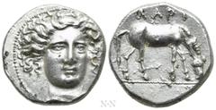 Greek Coins THESSALY. Larissa. Drachm (Circa 400-370 BC). Obv: Head of the nymph Larissa facing slightly right, wearing ampyx and necklace. Rev: ΛΑΡΙ. Horse grazing right. BCD Thessaly II 240-1; HGC 4