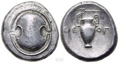Greek Coins BOEOTIA. Thebes. Stater (Circa 395-338 BC). Theog-, magistrate. Obv: Boeotian shield. Rev: ΘEOΓ. Amphora; above, kerykeion left. Hepworth 58; BCD Boiotia 503; SNG Copenhagen 338; HGC 4, 13