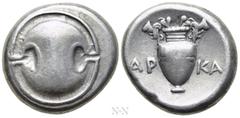 Greek Coins BOEOTIA. Thebes. Stater (Circa 368-364 BC). Arka-, magistrate. Obv: Boeotian shield. Rev: AP-KA. Amphora with ivy leaves on handles, within incuse concave circle. Hepworth 14; BCD Boiotia 