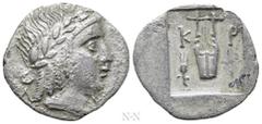 Greek Coins LYCIA. Lycian League. Kragos. Hemidrachm (Circa 30-27 BC). Obv: Λ - V. Laureate head of Apollo right. Rev: K - P. Lyre; grain ear to left; all within rectangular incuse. RPC I 3305; Troxel