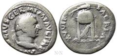 Roman Imperial Coins VITELLIUS (69). Denarius. Rome. Obv: A VITELLIVS GERM IMP AVG TR P. Laureate head right. Rev: XV VIR SACR FAC. Tripod surmounted by dolphin right; below, raven right. RIC² 109. Co