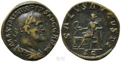 Roman Imperial Coins MAXIMINUS THRAX (235-238). Sestertius. Rome. Obv: MAXIMINVS PIVS AVG GERM. Laureate, draped and cuirassed bust right. Rev: SALVS AVGVSTI / S C. Salus seated left on throne, feedin