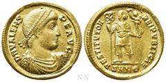 Roman Imperial Coins VALENS (364-378). GOLD Solidus. Nicomedia. Obv: D N VALENS P F AVG. Pearl-diademed, draped and cuirassed bust right. Rev: RESTITVTOR REIPVBLICAE / SMNΘ. Valens standing facing, he