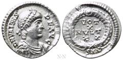 Roman Imperial Coins VALENS (364-378). Siliqua. Nicomedia. Obv: D N VALENS P F AVG. Pearl-diademed, draped and cuirassed bust right. Rev: VOT / X / MVLT / XX / SMN. Legend in four lines within wreath.