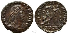 Roman Imperial Coins GRATIAN (367-383). Ae. Siscia. Obv: D N GRATIANVS P F AVG. Pearl-diademed, draped and cuirassed bust right. Rev: GLORIA ROMANORVM / F - A / monogram / ΔSISCE. Gratian advancing ri