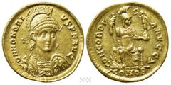 Roman Imperial Coins HONORIUS (393-423). GOLD Solidus. Constantinople. Obv: D N HONORIVS P F AVG. Diademed, helmeted and cuirassed bust facing slightly right, holding spear and shield decorated with h