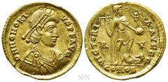 Roman Imperial Coins HONORIUS (393-423). GOLD Solidus. Ravenna. Obv: D N HONORIVS P F AVG. Pearl-diademed, draped and cuirassed bust right. Rev: VICTORIA AVGGG / R - V / COMOB. Honorius standing right