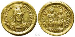 Roman Imperial Coins THEODOSIUS II (402-450). GOLD Solidus. Constantinople. Obv: D N THEODOSIVS P F AVG. Helmeted and cuirassed bust facing slightly right, holding spear and shield decorated with hors