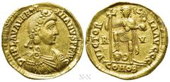 Roman Imperial Coins VALENTINIAN III (425-455). GOLD Solidus. Ravenna. Obv: D N PLA VALENTINIANVS P F AVG. Rosette-diademed, draped and cuirassed bust right. Rev: VICTORIA AVGGG / R - V / COMOB. Valen