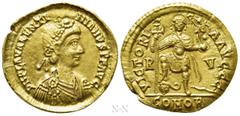 Roman Imperial Coins VALENTINIAN III (425-455). GOLD Solidus. Ravenna. Obv: D N PLA VALENTINIANVS P F AVG. Rosette-diademed, draped and cuirassed bust right. Rev: VICTORIA AVGGG / R - V / COMOB. Valen