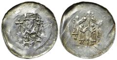 Medieval Coins FRANCE. Alsace. Anonymous. Pfennig (Circa 1250-1300). Obv: Facing bust of bishop, holding long cross in each hand. Rev: Four standing figures flanking long cross. Cf. Engel & Lehr S. 25