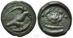 Greek Coins SICILY. Akragas. Ae Hexas (Circa 415-406 BC). Obv: AKPA. Eagle standing right, wings raised, on fish right. Rev: Crab; pellet to left and right; two small pellets between claws; two fish b