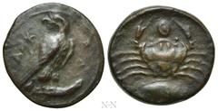 Greek Coins SICILY. Akragas. Ae Onkia (Circa 415-406 BC). Obv: AKPA. Eagle standing right on fish, head left. Rev: Crab; pellet (mark of value) above; below, grouper right. Westermark, Coinage, 997; C
