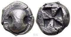 Greek Coins BOEOTIA. Thebes. Drachm (525-480 BC). Obv: Boeotian shield. Rev: Incuse square with counterclockwise mill-sail pattern. BCD Boiotia 328; HGC 4, 1337. Condition: Very fine. Weight: 5.47 g. 