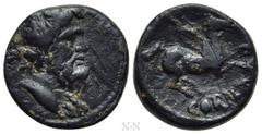 Greek Coins CORINTHIA. Corinth. Uncertain. Anonymous (Circa 1st BC-1st AD). Semis. Obv: Bust of Poseidon right, with slight drapery; trident on shoulder. Rev: CORINT. Pegasus flying right. RPC I 1225;