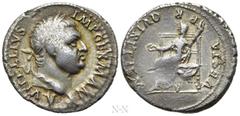 Roman Imperial Coins VITELLIUS (69). Denarius. Lugdunum. Obv: A VITELLIVS IMP GERMAN. Laureate head right, with globus at point of neck. Rev: VESTA P R QVIRITIVM. Vesta, veiled, seated left on throne,