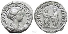 Roman Imperial Coins PLAUTILLA (Augusta, 202-205). Denarius. Rome. Obv: PLAVTILLAE AVGVSTAE. Draped bust right. Rev: CONCORDIAE AETERNAE. Caracalla and Plautilla standing facing one another, clasping 