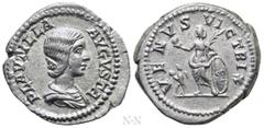 Roman Imperial Coins PLAUTILLA (Augusta, 202-205). Denarius. Rome. Obv: PLAVTILLA AVGVSTA. Draped bust right. Rev: VENVS VICTRIX. Venus standing left, holding apple and palm frond, and resting elbow u