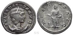 Roman Imperial Coins JULIA MAESA (Augusta, 218-224/5). Antoninianus. Rome. Obv: IVLIA MAESA AVG. Draped bust right, wearing stephane, set on crescent. Rev: PIETAS AVG. Pietas standing left, holding ac