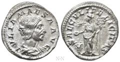 Roman Imperial Coins JULIA MAESA (Augusta, 218-224/5). Denarius. Rome. Obv: IVLIA MAESA AVG. Draped bust right. Rev: SAECVLI FELICITAS. Felicitas standing left, holding caduceus and patera over lighte