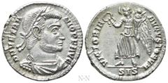 Roman Imperial Coins VETRANIO (350). Siliqua. Siscia. Obv: D N VETRANIO P F AVG. Laureate, draped and cuirassed bust right. Rev: VICTORIA AVGVSTORVM / SIS. Victory advancing left, holding wreath and t