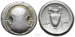 Greek Coins BOEOTIA. Thebes. Stater (Circa 379-368 BC). Daim-, magistrate. Obv: Boeotian shield. Rev: ΔA - IM. Amphora within incuse concave circle. BCD Boiotia 523; BMC 126; HGC 4, 1331. Condition: V