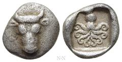 Greek Coins EUBOIA. Eretria. Obol (Circa 500-465 BC). Obv: Head of bull facing. Rev: Octopus within incuse square. BCD Euboia 324; HGC 4, 1513. Condition: Very fine. Weight: 0.57 g. Diameter: 9 mm.