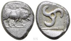 Greek Coins DYNASTS OF LYCIA. Uncertain dynast (Circa 490-430 BC). Stater. Obv: Boar standing right, head lowered. Rev: Triskeles in pelleted square boarder within incuse square. Cf. Müseler II, 36; F