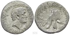 Roman Republican Coins MARK ANTONY. Denarius (37 BC). Antioch or military mint traveling with Canidius Crassus in Armenia. Obv: ANTONIVS AVGVR COS DES ITER ET TERT. Bare head right. Rev: IMP TERTIO II