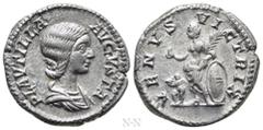 Roman Imperial Coins PLAUTILLA (Augusta, 202-205). Denarius. Rome. Obv: PLAVTILLA AVGVSTA. Draped bust right. Rev: VENVS VICTRIX. Venus standing left, holding apple and palm frond, and resting elbow u